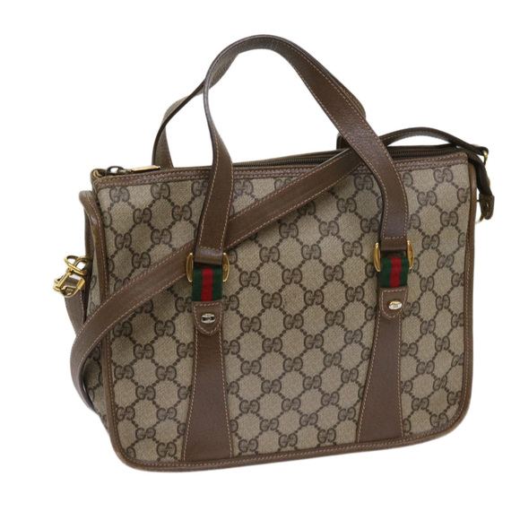 GUCCI GG Supreme Web Sherry Line Hand Bag 2way Beige Red 41 02 039 Auth 64239 - Picture 1 of 16